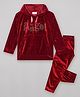 Sheer Love Velvet Knit Full Sleeves Angel Text Embellished Hooded Tee With Pajama Set - Red