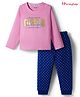 Honeyhap Premium Cotton Knit Full Sleeves Bio Finished Night Suit With Polka Dots & Text Print - Bonbon & Blue Quartz