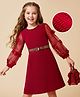 Hola Bonita Girls Knit Full Sleeves Party Dress With Butterfly Applique & Belt - Maroon