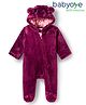 Babyoye 100% Cotton Knit Full Sleeves Footed Sleepsuit With Ear Applique - Wine
