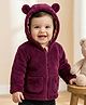Babyoye 100% Cotton Knit Full Sleeves Solid Colored Hooded Fur Winter Jacket with Ear Applique - Wine
