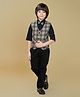Ministitch Cotton Woven Full Sleeves Tartan Checked 3 Piece Party Suit Set With Bow - Brown