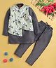 Jeet Ethnics Cotton Blend Knit Full Sleeves Solid Kurta Pyjama With Floral Designed Asymmetrical Jacket - Grey