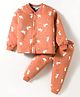 Teddy Fleece Knit Full Sleeves Winter Wear Night Suit With Animal Print - Rust Orange