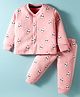Teddy Fleece Knit Full Sleeves Front Open Co-ord Night Suit With Penguin Print - Pink