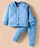 Teddy Fleece Knit Full Sleeves Front Open Co-ord Night Suit With Penguin Print - Light Blue