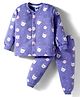 Teddy Fleece Knit Full Sleeves Front Open Co-ord Night Suit With Teddy Bear & Space Theme Print - Purple