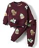 Teddy Fleece Knit Full Sleeves Winter Wear Co-Ord T-Shirt & Joggers Set with Bear Print - Wine