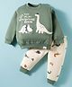 Teddy Fleece Knit Full Sleeves Winter Wear T-Shirt & Joggers Set with Dino Print - Mint & Beige