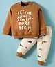Teddy Fleece Knit Full Sleeves Winter Wear T-Shirt & Joggers Set with Dino Print - Light Brown & Beige