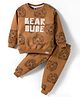 Teddy Fleece Knit Full Sleeves Winter Wear Co-Ord T-Shirt & Joggers Set with Bear Print - Light Brown
