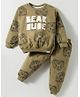 Teddy Fleece Knit Full Sleeves Winter Wear Co-Ord T-Shirt & Joggers Set with Bear Print - Olive Green