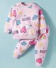 Teddy Fleece Knit Full Sleeves Winter Wear Co-Ord T-Shirt & Joggers Set with Floral & Heart Print - Pink