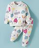 Teddy Fleece Knit Full Sleeves Winter Wear Co-Ord T-Shirt & Joggers Set with Floral & Heart Print - White