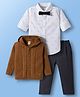 ToffyHouse Poplin Knit Full Sleeves Printed Shirt & Pant Set with Bow & Sweater - Black White & Brown