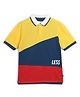 ALAN JONES Cotton Blend Knit Half Sleeves Colour Blocked & Less Text Printed Polo Tee - Blue Yellow & Red