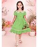 Tiny Twills Linen Woven Half Puffed Sleeves Floral & Baby Animals Embroidered Peter Pan Collar Dress - Green