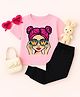 Luke and Lilly Cotton Knit Half Sleeves Cute Girl Printed Tee & Joggers Set - Pink & Black