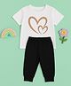 Luke and Lilly Cotton Knit Half Sleeves Double Hearts Printed Tee & Joggers Set - White & Black