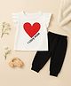 Luke and Lilly Cotton Knit Frill Sleeves Heart & I Love Mom Text Printed Top & Joggers Set - Red & Black