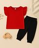 Luke and Lilly Cotton Knit Frill Sleeves Solid Top & Joggers Set - Red & Black