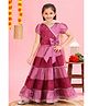 MASTARANG Blended Woven Half Puffed Sleeves Abstract Embroidered & Lace Embellished Choli Tiered Lehenga With Dupatta Set - Wine