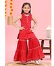 MASTARANG Cotton Woven Sleeveless Floral Embroidered & Lace Embellished Kurti Sharara With Dupatta Set - Red