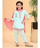 MASTARANG Cotton Woven Three Fourth Sleeves Placket Floral Embroidered Kurti Pant Set - Aqua