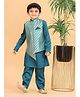 MASTARANG Blended Woven Full Sleeves Solid Kurta Pyjama Set With Striped Jacket - Teal
