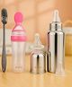 AEREX Stainless Steel Baby Feeding Bottle Combo with 2 Extra Nipple, Spoon Feeding Bottle, and Cleaning Brush for Newborns Babies, Infants, and Toddlers (Pink) 240 ml