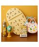 KIDS BASIC Newborn Essentials Gift Combo | Muslin Warm Sleeping Bag + Stainless Steel Feeding Bottle + 6 Muslin Hankies + 3 Knot Bibs + Wooden Rattle- Horse + Giraffe + Green