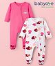 Babyoye 100% Cotton Interlock Knit Full Sleeves Footed Sleepsuit With Eco Jiva Finish & Animal Print Pack Of 2 - White & Pink