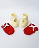 Love Crochet Art Floral Applique Detailed Pearl Embellished Booties With Mittens Set - Cream & Red