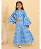 Junitos Pure Cotton Woven Full Sleeves Leaf & Abstract Printed Top Sharara Set - Sky Blue