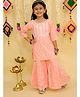 Junitos Pure Cotton Woven Three Fourth Sleeves Chevron Printed Gota Lace Embellished Kurti Sharara Set  - Peach