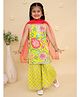Junitos Pure Cotton Woven Sleeveless Floral Printed Kurti Sharara With Dupatta Set  - Lemon & Light Yellow