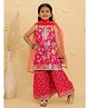 Junitos Cotton Woven Sleeveless Floral Printed Kurti Sharara With Dupatta Set  - Pink