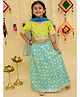 Junitos Cotton Woven Half Sleeves Abstract Printed Lehenga Choli With Dupatta Set - Turquoise
