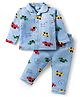 Mom's pet Fleece Knit Full Sleeves Cars Printed Night Suit Set - Light Blue