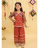 AJ Dezines Cotton Woven Navratri Theme Three Fourth Sleeves Floral Printed & Gota Lace Embellished Top & Palazzo Set - Red