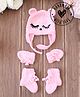 Woonie Teddy Bear Eyes Designed & Ear Applique Embroidered Cap With Mittens & Booties Set - Pink