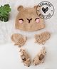 Woonie Teddy Bear Face Applique Embroidered Cap With Mittens & Booties Set - Beige