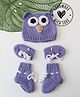 Woonie Knit Owl Face Applique Detailed Cap With Mittens & Booties - Purple