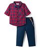 Babyhug Cotton Knit Full Sleeves Checkered Shirt & Jeans Set with Bow & Suspender - Multicolor