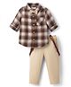 Babyhug Cotton Knit Full Sleeves Shirt & Trouser Set with Suspender & Bow With Checks Print - Cream & Brown