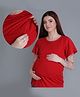 Mama & Bebe Cotton Blend Knit Half Sleeves Solid Maternity Tee WIth Horizontal Open Nursing Access - Red