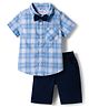 Babyhug Cotton Knit Half Sleeves Checks Shirt & Shorts Set With Bow - Blue