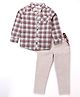 Babyhug Cotton Knit Full Sleeves Checkered Shirt & Trouser Set - Beige
