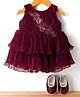 Bluebell Net Woven Sleeveless Layered Party Frock with Floral Aplique and Booties - Maroon