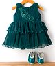 Bluebell Net Woven Sleeveless Layered Party Frock with Floral Aplique and Booties - Dark Green
